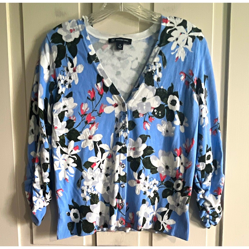 INC International Concepts Womens Floral Knit Button V-Neck Sequin Cardigan M